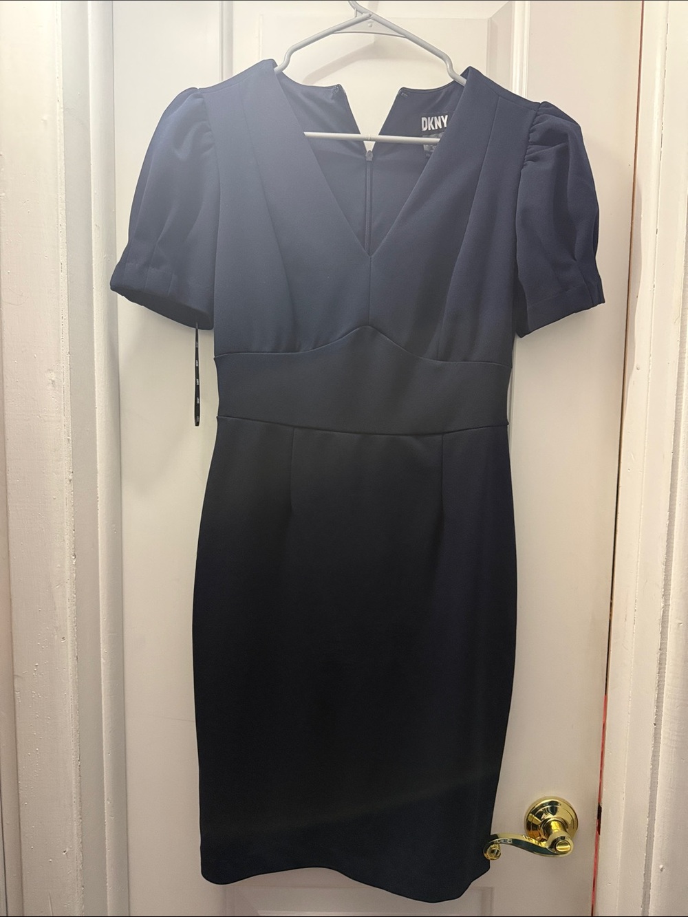 DKNY Navy Midi Dress with V-Neck and Puff Sleeves